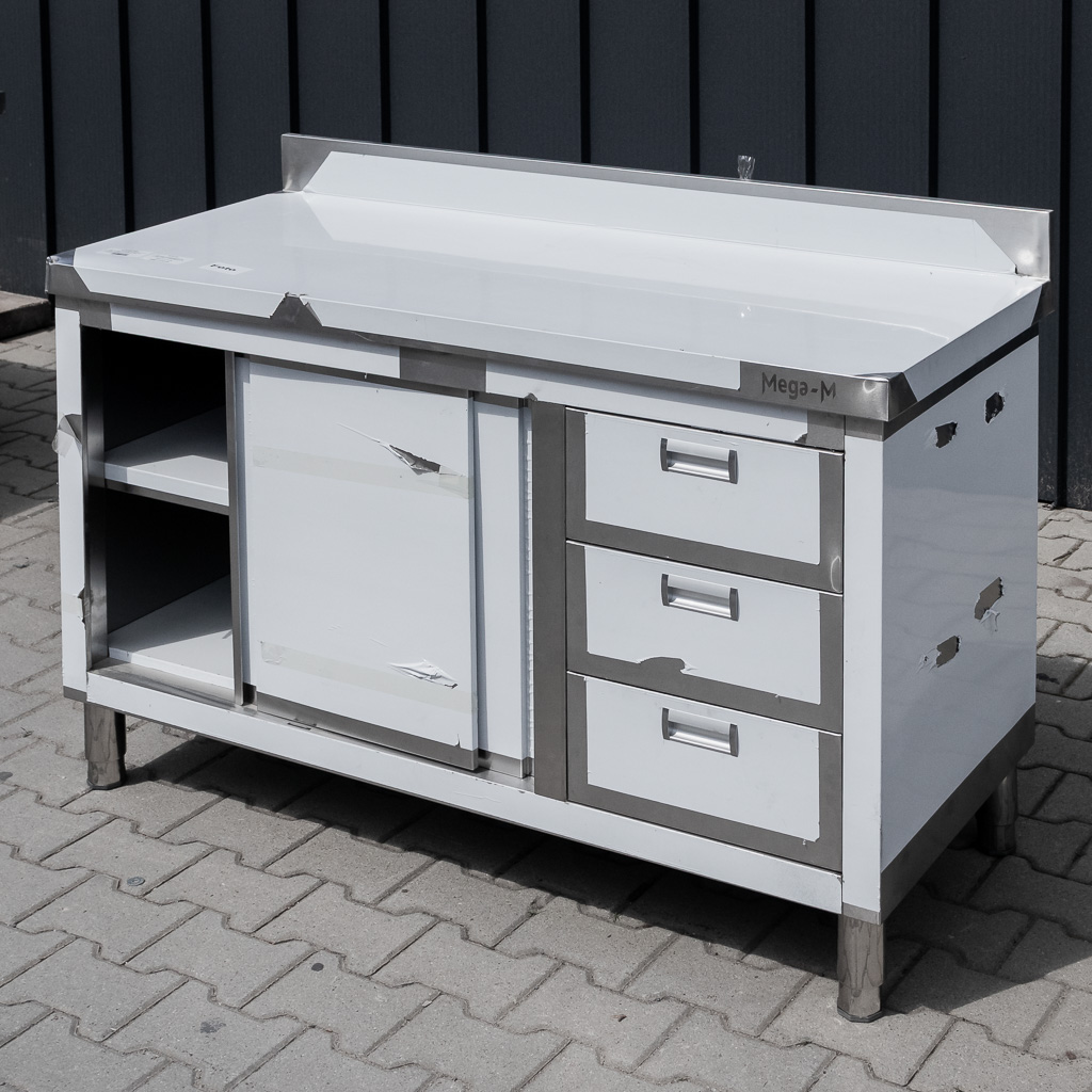 Mega-M tavolo inox 140x60x85 con armadio e 3 cassetti